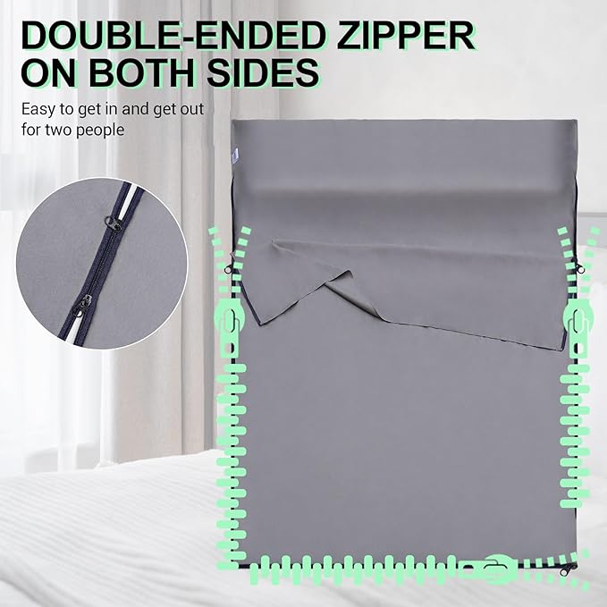 Sleeping Bag Liner,Adult Sleep Sack & Travel Sheets,Travel Sleep Sack for Backpacking, Hotels & Hostels - Lightweight Single & Double Travel Sheet Camping Sheets,Has Full Length Zipper