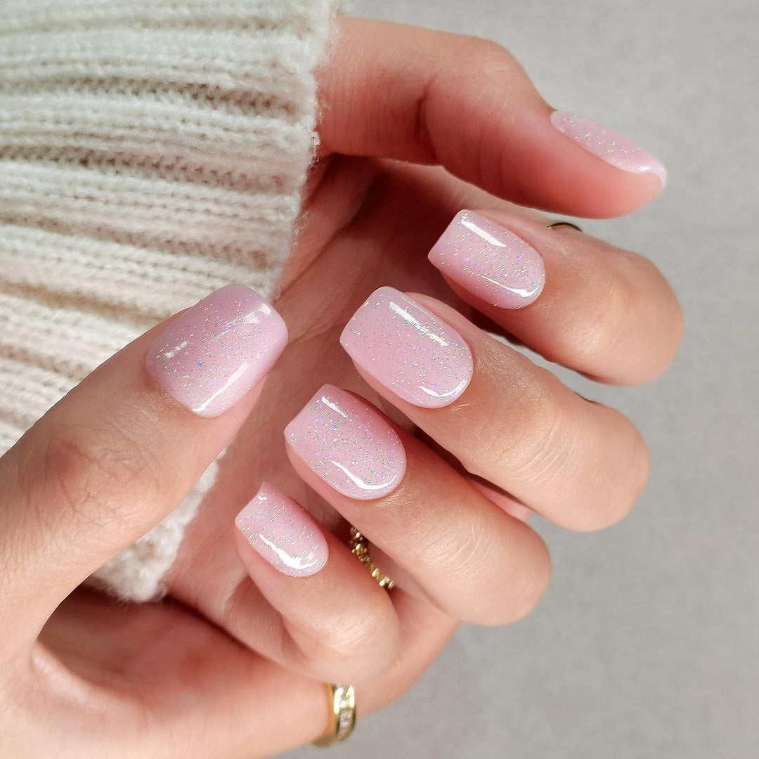 SHANGMENG Press on Nails Square - Soft Gel Pink Press on Nails Short for Women Gift, Fit Perfectly & Natural Stick on Nails with Glue in 16 Sizes - 32 Reusable Fake Nails, Shimmering Pink