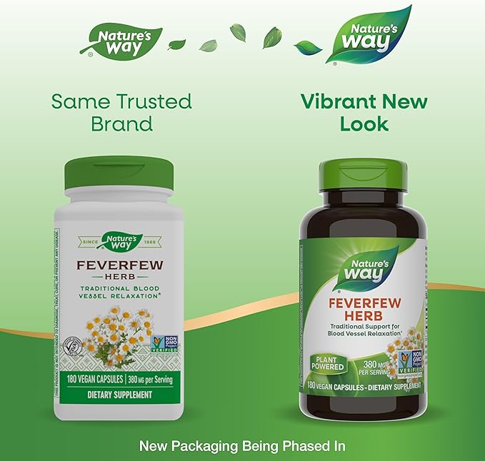 Nature's Way Feverfew Herb, Traditional Support for Blood Vessel Relaxation*, 380 mg per Serving, Non-GMO Project Verified, 180 Vegan Capsules (Packaging May Vary)