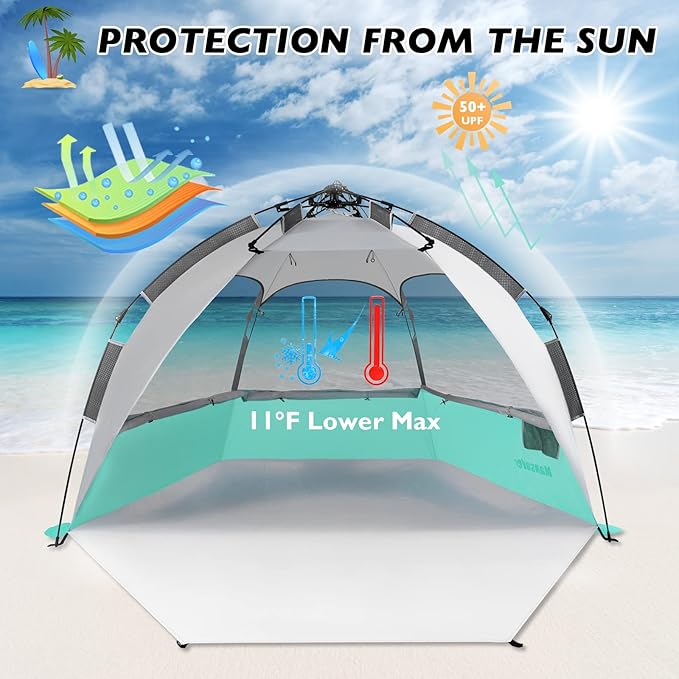 2-3 Person Large Instant Pop Up Beach Tent, UV Protection Portable Easy Setup Sun Shade Shelter, Extended Floor with 3 Ventilating Mesh Windows for Outdoor Camping Fishing (Green)