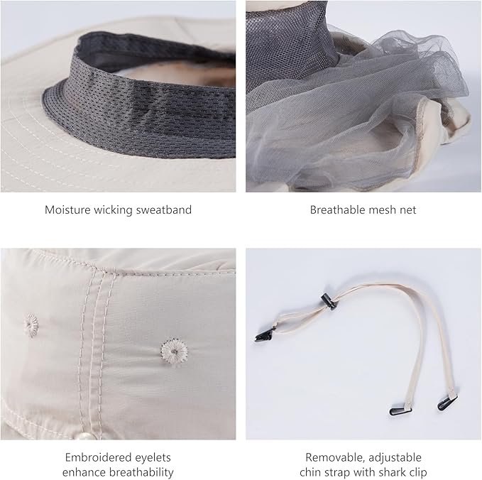 BASSDASH UPF 50+ Mosquito Sun Hat with Hidden Head Net and Neck Flap for Men Women Outdoor Fishing Hiking Camping FH16