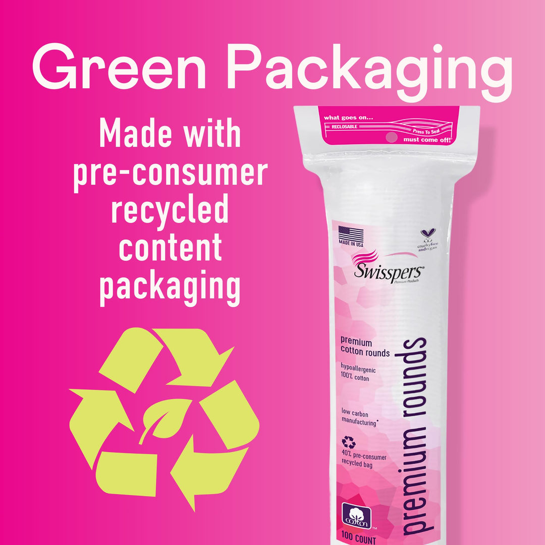 Swisspers Premium Cotton Rounds – 100 Count (Pack of 3) - 100% Pure Cotton - Soft, Absorbent, Hypoallergenic Pads for Makeup Removal, Skincare, Baby Care and Facial Cleansing - Lint Free