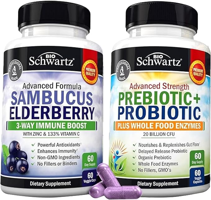 Advanced Strength Pre and Probiotics Supplement with Digestive Enzymes (2 Month Supply) Plus Elderberry with Zinc and Vitamin C for Adults Immune Support (2 Month Supply)