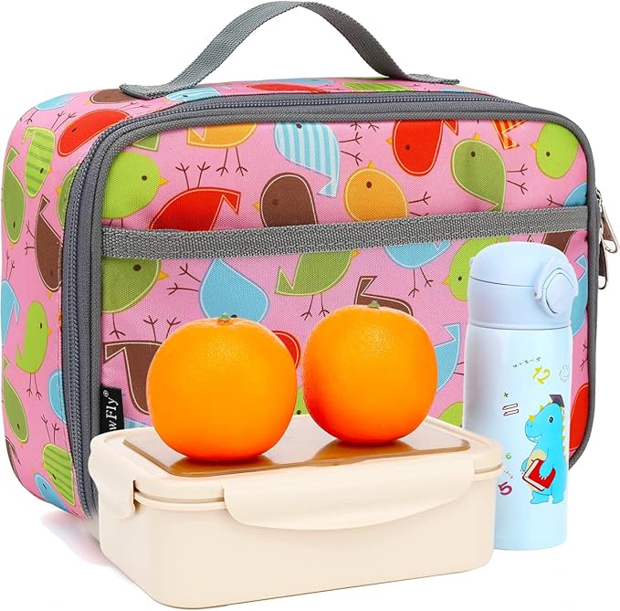 FlowFly Kids Lunch box Insulated Soft Bag Mini Cooler Back to School Thermal Meal Tote Kit for Girls, Boys, Bird
