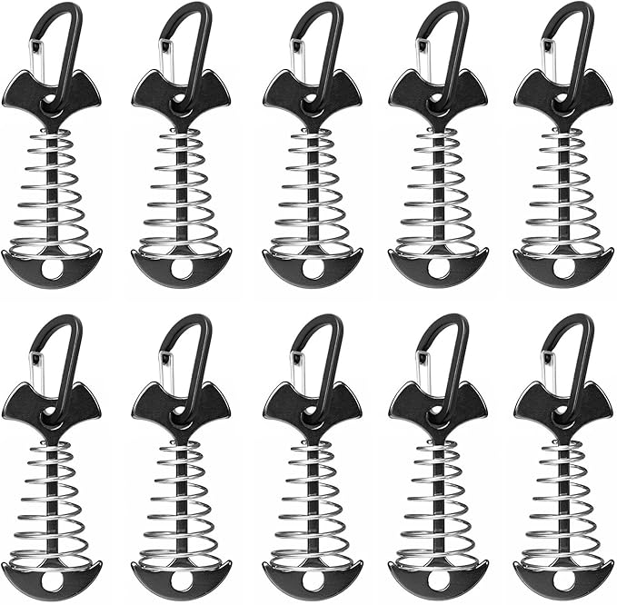 Fishbone Deck Anchor Pegs with Carabiners, Aluminium Deck Tent Stakes with Spring Buckle Aluminium Deck Windproof Tent Stakes for Outdoor Camping Hiking (10Pcs Black)