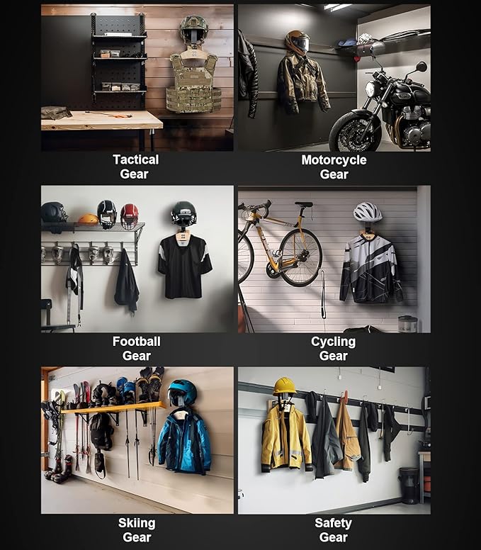 OneTigris Tactical Gear Wall Mount, Motorcycle Helmet Holder Stand Jacket Hanger Plate Carrier Rack Display Organizer for Police Football Cycling Suit