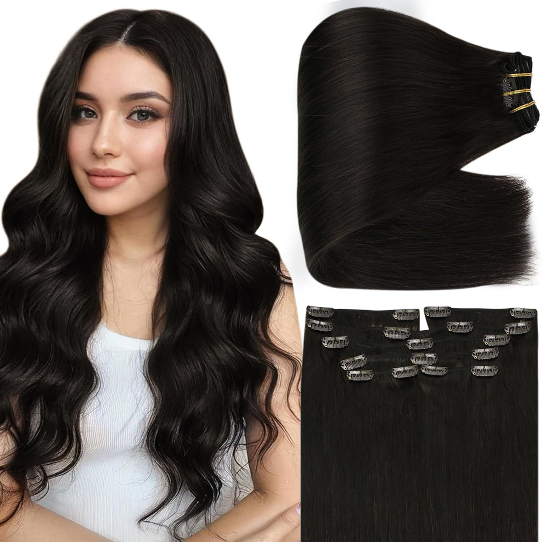 Full Shine Clip in Hair Extensions Real Human Hair Black Thick Human Hair Clip in Extensions Black Clip in Hair Extensions Black Women Full Head Extra Volume 16 Inch 7 Pcs 135 G