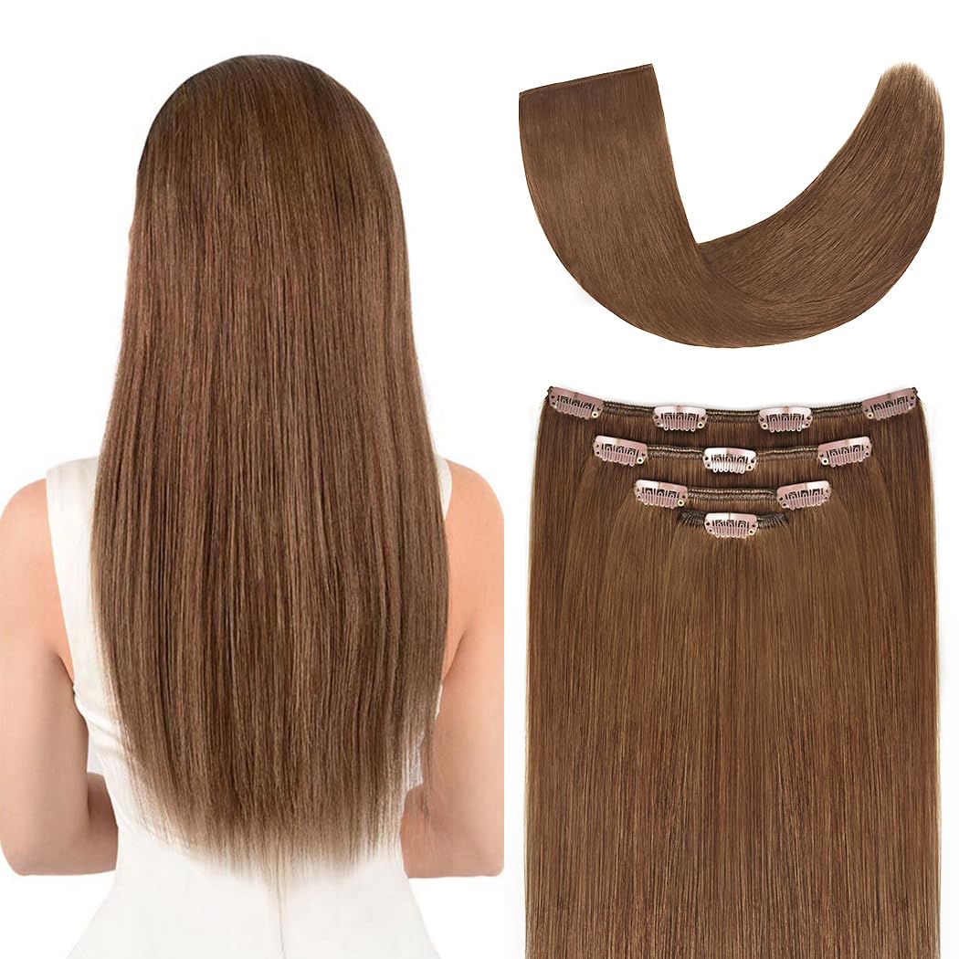 14'' Hair Extensions Clip In Human Hair For Women - Silky Straight Remy Hairpieces Clip On 50Grams 4Pieces Ash Brown Color