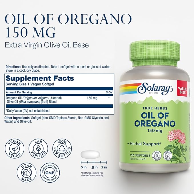 SOLARAY Oil of Oregano Softgels 150 mg - Oregano Oil Supplement for Powerful Wellness Support - Gentle Digestion - Extra Virgin Olive Oil Base - Vegan, 60-Day Guarantee - 120 Servings, 120 Softgels