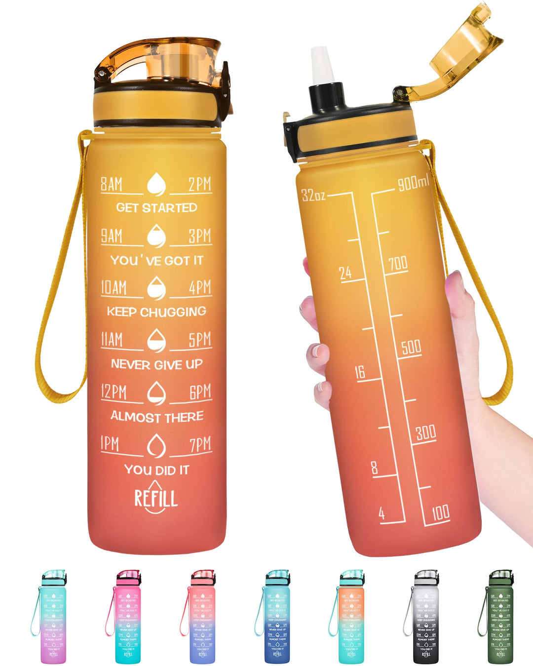 Enerbone 32 oz Water Bottle, Leakproof BPA & Toxic Free, Motivational Water Bottle with Times to Drink and Straw, Fitness Sports Water Bottle with Strap for Office, Gym, Outdoor Sports