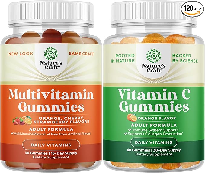 Natures Craft Bundle of Potent Daily Multivitamin Gummies for Adults for Energy and Immunity and Chewable Vitamin C Gummies for Adults Halal Vitamin C Immune Support Gummies