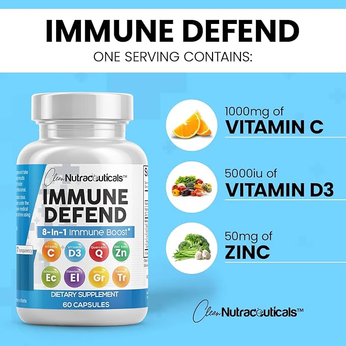 Clean Nutraceuticals Immune Defense Support Supplement 8 in 1 with Zinc 50mg Quercetin, VIT C 1000mg, Vitamin D3 5000 IU, Elderberry, Ginger - Immunity System Booster for Adults, Vegan - 60 Count