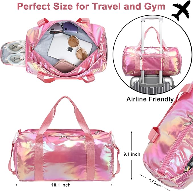 Gym Bag Sports Duffle Bag with Wet Pocket Weekender Overnight Bag with Waterproof Shoe Pouch and Air Hole for Girls Kids Women Travel Foldable Bag