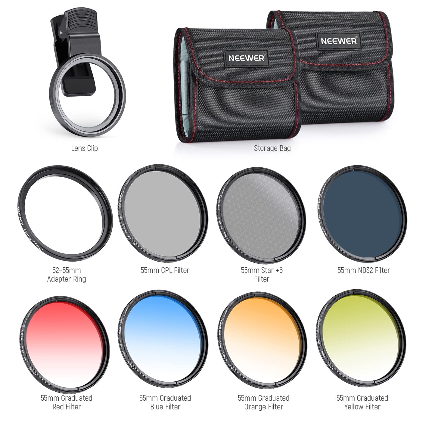 NEEWER 55mm ND/CPL/Effect Filter Set with Camera Lens Clamp Clip, Polarizing ND32 6 Point Star 4 Graduated Colour Filters Set Compatible with 16 15 14 Pro Max Plus 13 12 Samsung