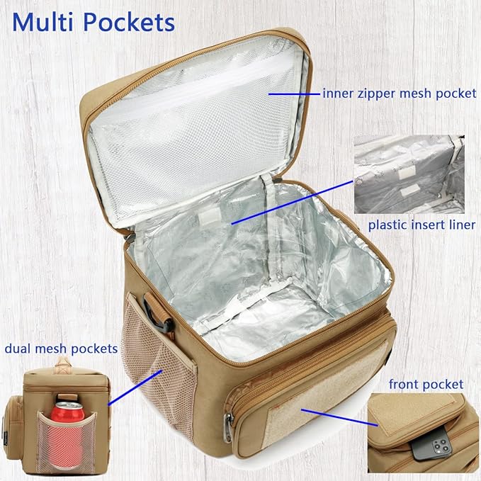 FlowFly Tactical Lunch Bag Large Insulated Lunch Box Cooler Tote for Men, Women with MOLLE/PALS Webbing(Brown, Medium)