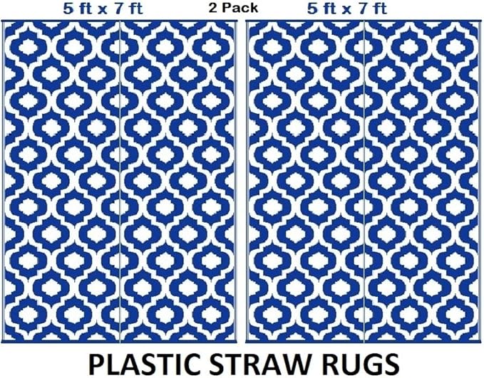 BalajeesUSA Outdoor Rug - 2 PK 5x7 Blue, Reversible Recycled Plastic Straw Outdoor Patio Rugs Clearance Waterproof Large RV Camper Mats 491