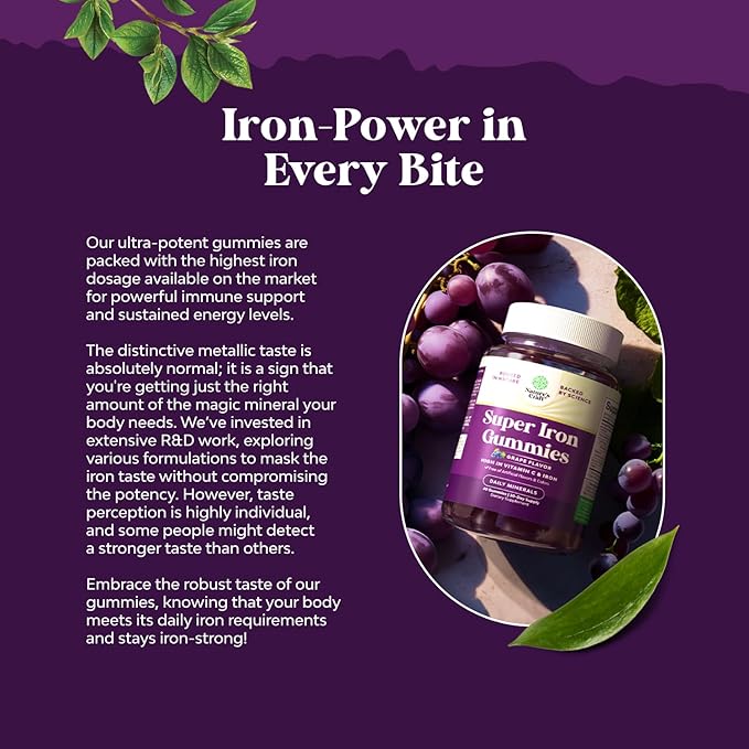 Extra Strength Iron Gummies for Women and Men - Potent 45mg per Serving Chewable Iron Supplement for Women and Men with Vitamin C for Higher Absorption - Vegan Daily Iron Gummy No Artificial Flavors