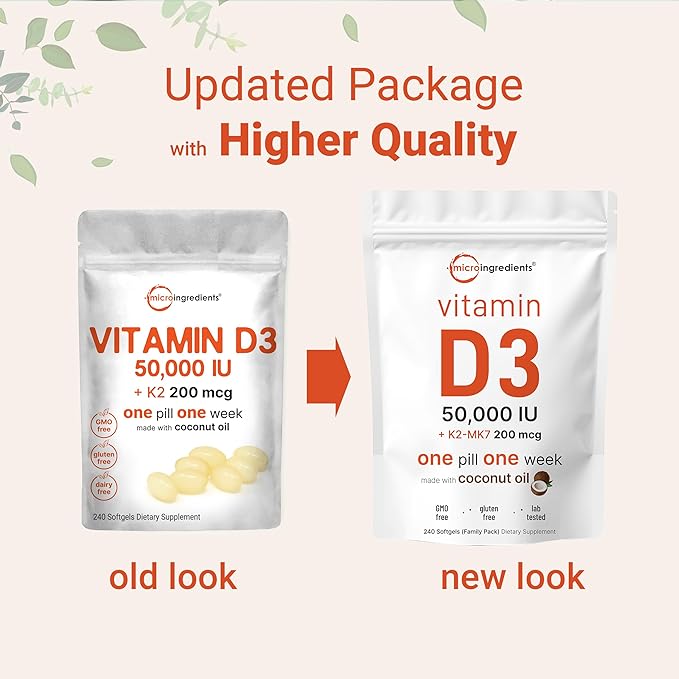 Micro Ingredients Vitamin D3 50,000 IU Plus K2 (MK-7) 200 mcg, 240 Virgin Coconut Oil Softgels | 2 in 1 Vitamins D & K Complex | Supports Calcium Absorption, Bone, Immune, & Heart Health