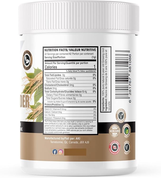 AKI American Ginseng Powder with 4% Ginsenosides - Ideal with Coffee, Beverages Like Smoothies - Pack of 1 (1.5oz/42.5g)