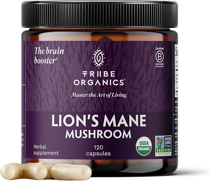 TRIBE ORGANICS Lion’s Mane Supplement 1800mg Mushroom Extract Powder - Immune System Booster & Brain Nootropic for Focus and Memory | Mental Clarity | Natural Energy and Immunity - 120 Vegan Capsules