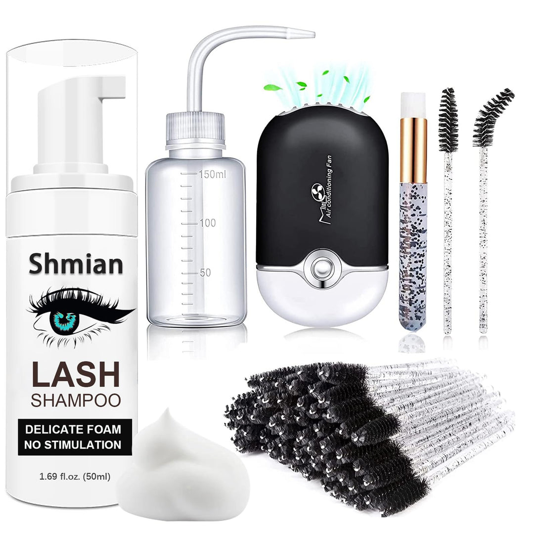 Shmian Lash Shampoo for Lash Extensions, Lash Fan with 50ml Eyelash Foam Cleanser and 50 Pcs Eyelash Brush and Rinse Bottle Oil Free/Sulfate Free Eyelash Wash Remover For Eyelash Extension Wash, Black