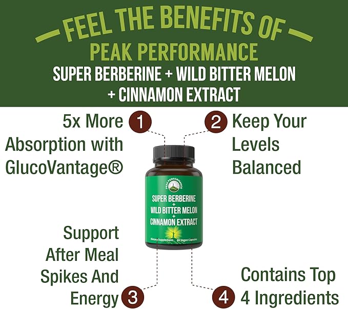 Ultra High Strength 4-In-1 Super Berberine Patented GlucoVantage® + Wild Bitter Melon + Cinnamon Extract + Chromium Picolinate Vegan Capsules. Great Supplement to Support After-Meal Spikes and Energy