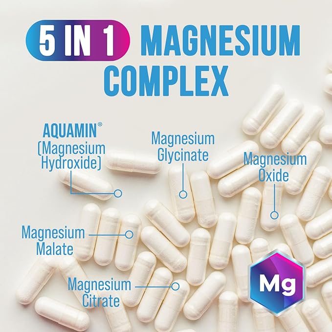Magnesium Complex Supplement 500 mg - 5 in 1 High Absorption Chelated Magnesium Glycinate, Malate, Citrate, Oxide, Aquamin - Non-GMO Magnesio Capsules, Bone Muscle & Heart Health Support, 120 Capsules