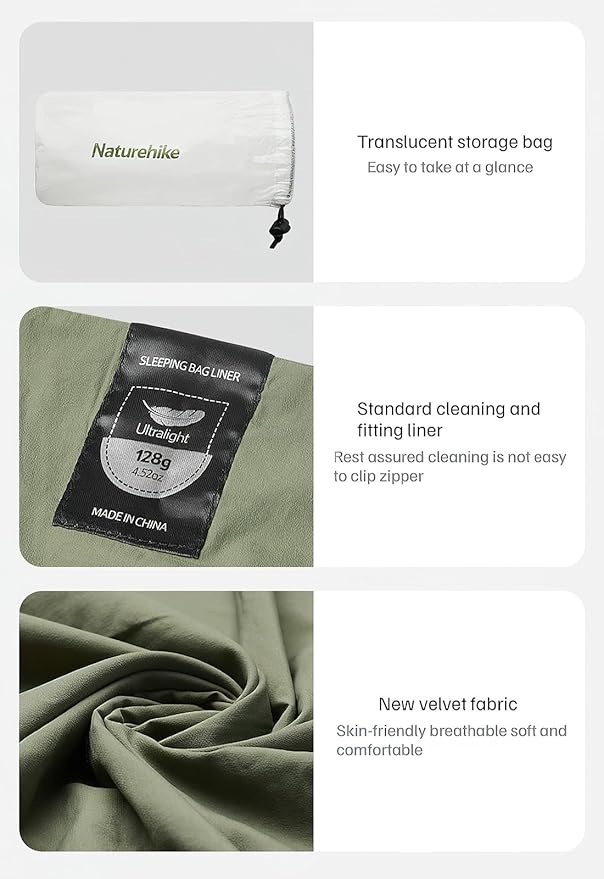 Naturehike Sleeping Bag Liner Ultra-Light 4.51oz - Adult Sleep Sack & Travel Sleep Sack Travel Sheets & Camping Sheet for Backpacking, Hotel, Hostels, Comfy & Easy Care, Full-Length