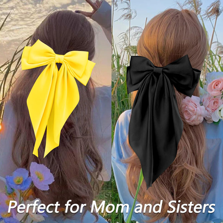Velscrun Black White Bright Yellow Yellow Hair Bows for Women Girls, Silky Satin Large Coquette Bow, Oversized Hair Ribbons 4Pcs Big Bows Clip Long Tail Bowknot Hair Barrettes Bow Accessories
