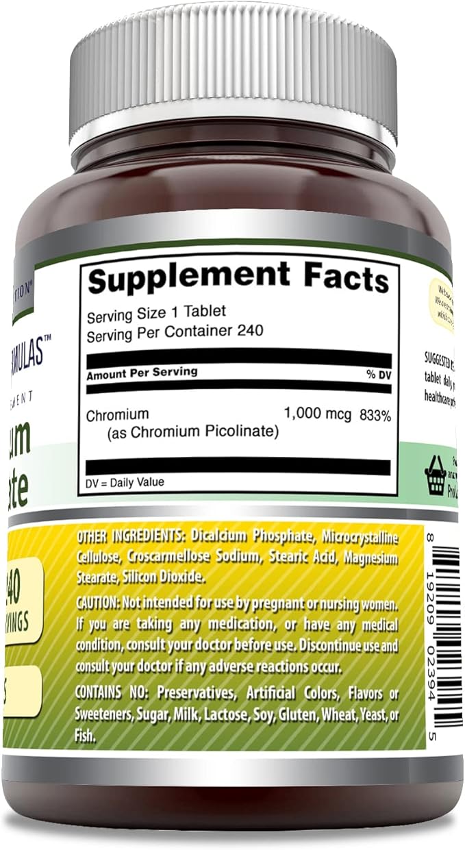 Amazing Formulas Chromium Picolinate | 1000 Mcg Tablets Supplement | Non-GMO | Gluten Free | Made in USA (1 Pack, 240 Count)