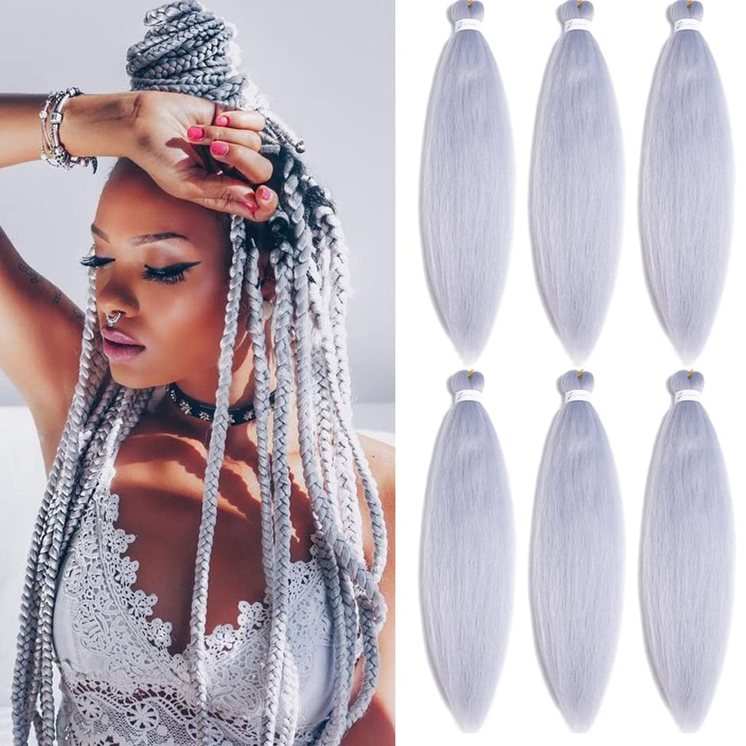 Pre stretched Braiding Hair 30 Inch 6 Packs Professional Braids Hair Extensions High Temperature Synthetic Fiber Braid Hair Crochet Twist Soft Yaki Texture Hot Water Setting(30inch,Silver)