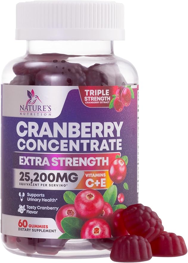 Cranberry Supplement Gummies + Vitamin C - Made with 25,000mg 50:1 Cranberry Extract to Help Cleanse and Protect The Urinary Tract, Nature's Chewable Cranberry Pills for Women, Non-GMO - 60 Gummies