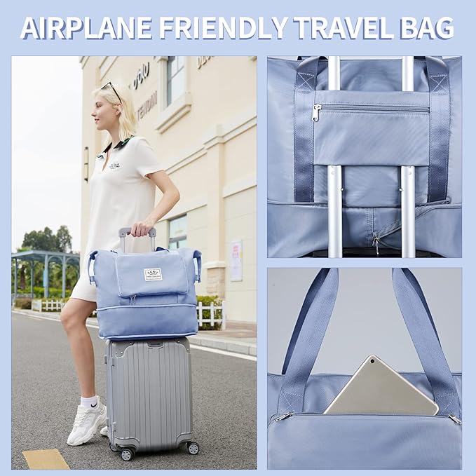 ZGWJ Expandable Travel Duffel Tote Bag - Foldable Overnight Weekender, Carry-On, Swim & Gym Bag - Fits Spirit Airlines Personal Item Size - Lightweight, Waterproof & Durable with Trolley Sleeve,Blue