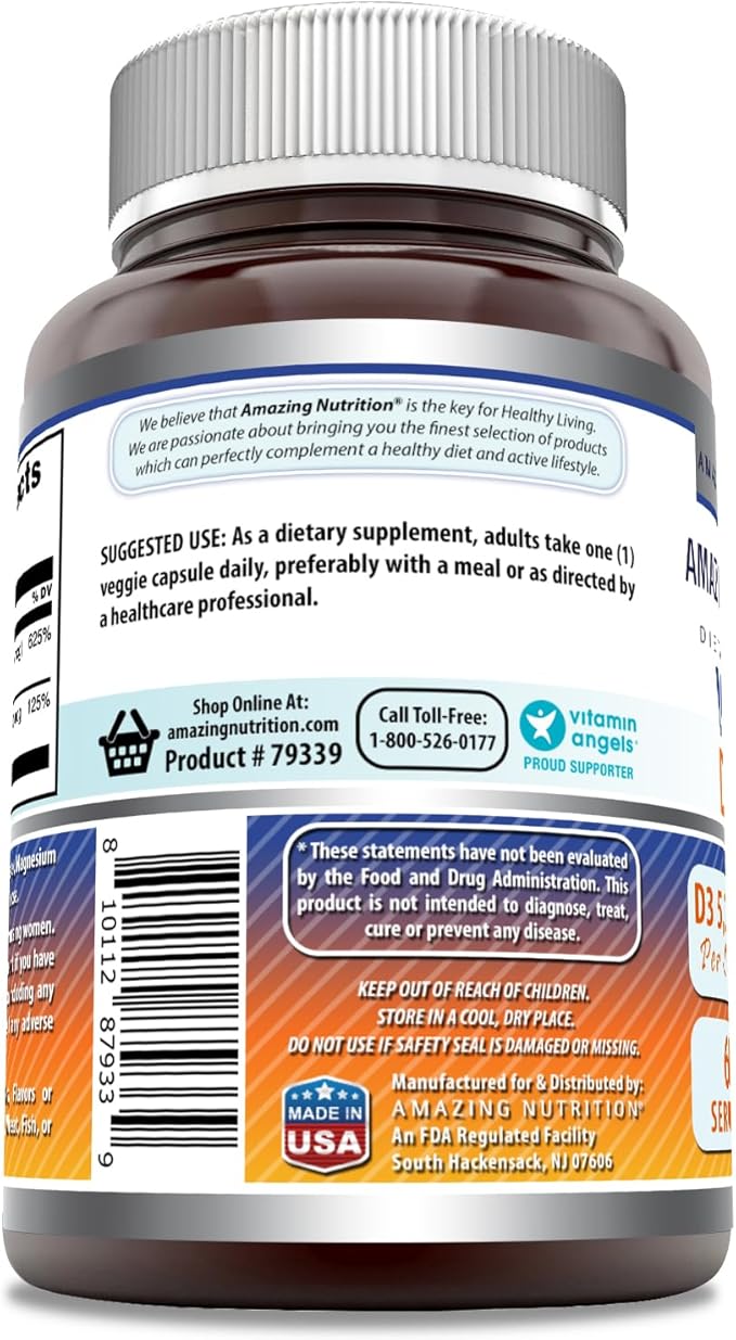 Amazing Formulas Vitamin D3 5000 IU with Vitamin K2 100 mcg | D3 + K2 Complex Supplement | Veggie Capsules | Non-GMO | Gluten Free | Made in USA (60 Count)