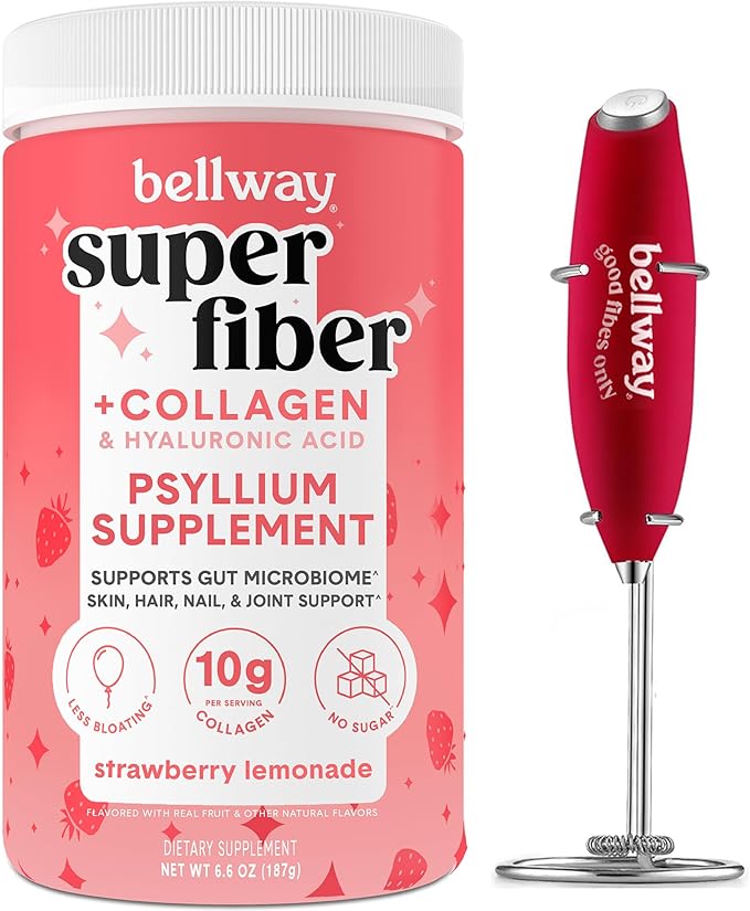 Bellway Super Fiber Powder + Collagen, Strawberry Lemonade Electric Frother Bundle
