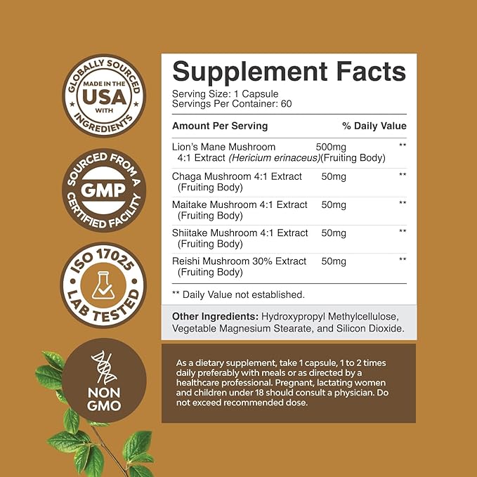 Advanced Lion's Mane Mushroom Supplement - Lions Mane Supplement Capsules with Reishi, Chaga , Maitake & Shiitake for Brain Health, Memory Support & Focus - Nootropic for Mental Clarity - 60 Caps