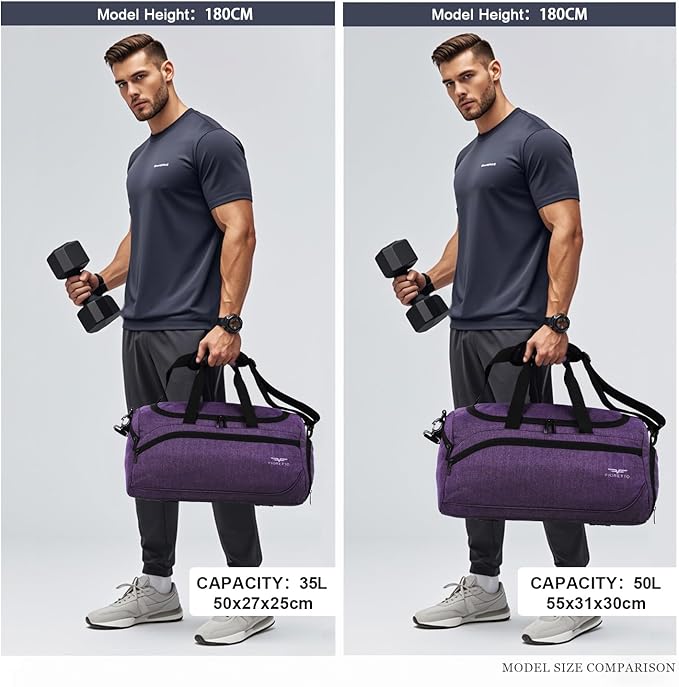 FIORETTO 35L Mens Sports Gym Duffle Bag with Wet Pocket & Shoe Compartment, Overnight Weekender Bag with Padded Shoulder Strap, Ideal for Travel, Gym, Sports, Swimming, Purple