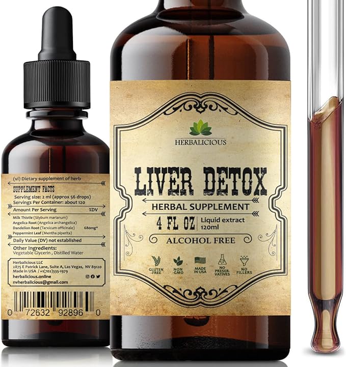 Liver Supplement – Natural Liver Support Drops – Herbal Supplement Drink with Milk Thistle, Angelica Root, Dandelion Root, Turmeric, Peppermint - Liver Cleanse Detox – 4 fl oz