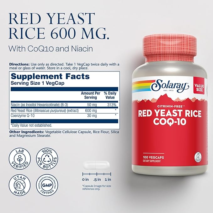 SOLARAY Red Yeast Rice with CoQ10 and Niacin (Vitamin B3) Non-Irradiated Red Yeast Rice Plus CoEnzyme Q10 - Citrinin Free - 60-Day Guarantee, Lab Verified, 100 Servings, 100 VegCaps