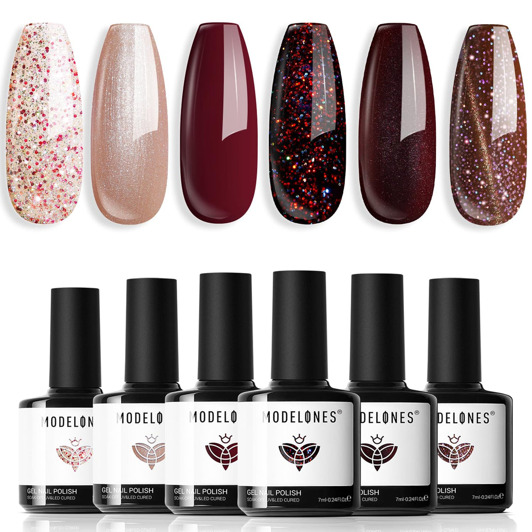 modelones Gel Nail Polish Set 6 Colors Brown Red Nude Cat Eye Gel Nail Polish With Magnet Glitter Burgundy Cherry Mocha Bloody Sparkle Soak Off Led Nail Art DIY Salon Gifts For Women Girl