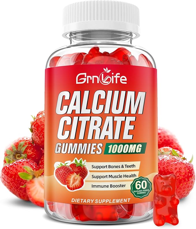 Calcium Citrate Gummies, Sugar Free Calcium Citrate 1000mg for Muscle Healthy, Absorption Calcium Supplements for Adults & Kids, Strawberry, 60 Count