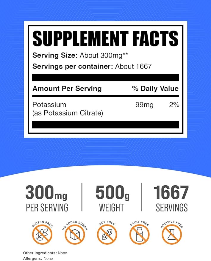 BulkSupplements.com Potassium Citrate Powder - Potassium Citrate Supplement, Potassium Powder, Potassium 99mg - Gluten Free, 300mg per Serving, 500g (1.1 lbs) (Pack of 1)