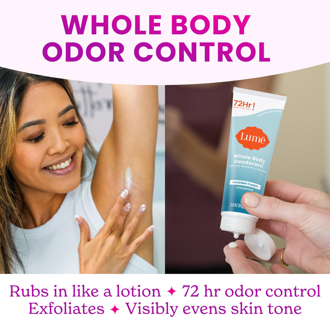 Lume Whole Body Deodorant - Invisible Cream and Solid Unscented - 72 Hour Odor Control - Aluminum & Baking Soda Free, Skin Safe - 3 oz Cream & 2.6 oz Solid Bundle