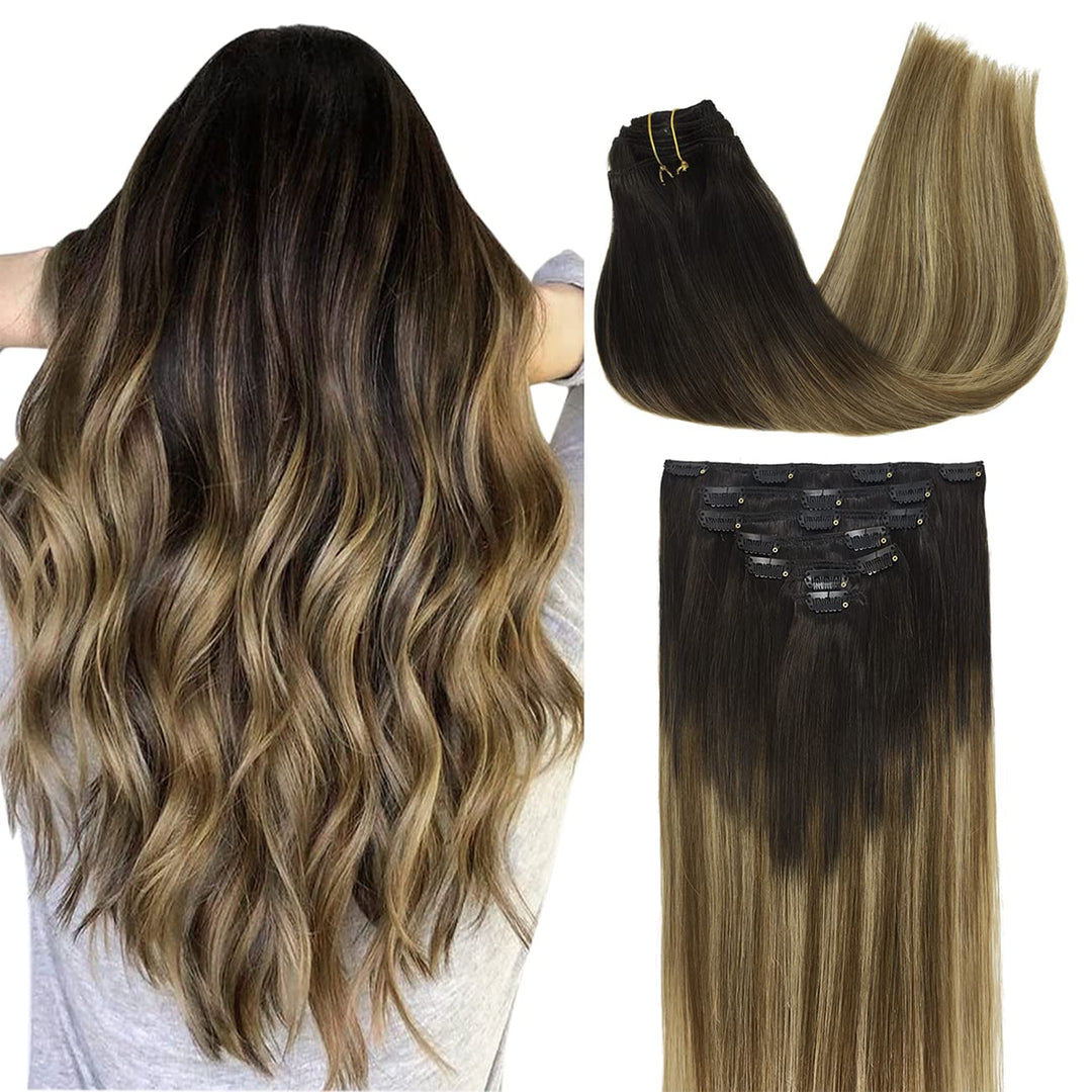 Doores Human Hair Extensions Clip In Balayage Dark Brown Fading To Chestnut Brown And Dirty Blonde 18 Inch 7Pcs 120G Clip In Hai