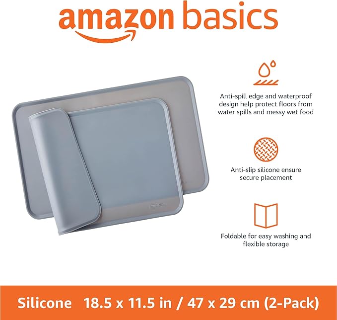 Amazon Basics Waterproof Anti-Slip Silicone Cat & Dog Food Mat, Pet Mats with Raised Edges for Food and Water Bowl to Protect Floors, 18.5 x 11.5 Inches, Gray, Solid - Pack of 2
