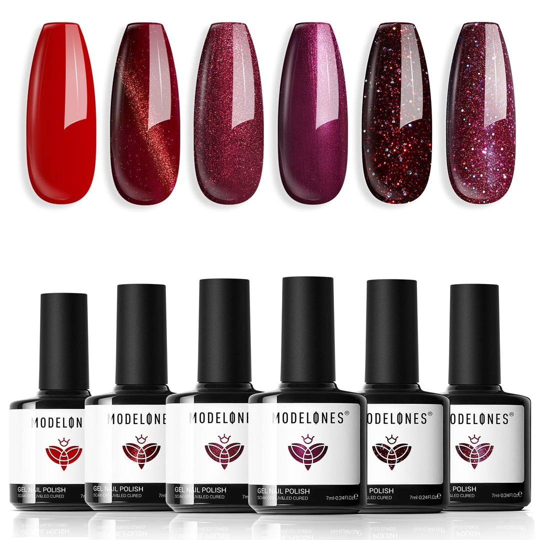 modelones Gel Nail Polish Set, 6 PCS Red Burgundy Purple Glitter Gel Polish Colors Cat Eye Chameleon Shimmer Soak OFF LED Nail Art Gel Nail Kit Manicure Salon DIY Nails Gift