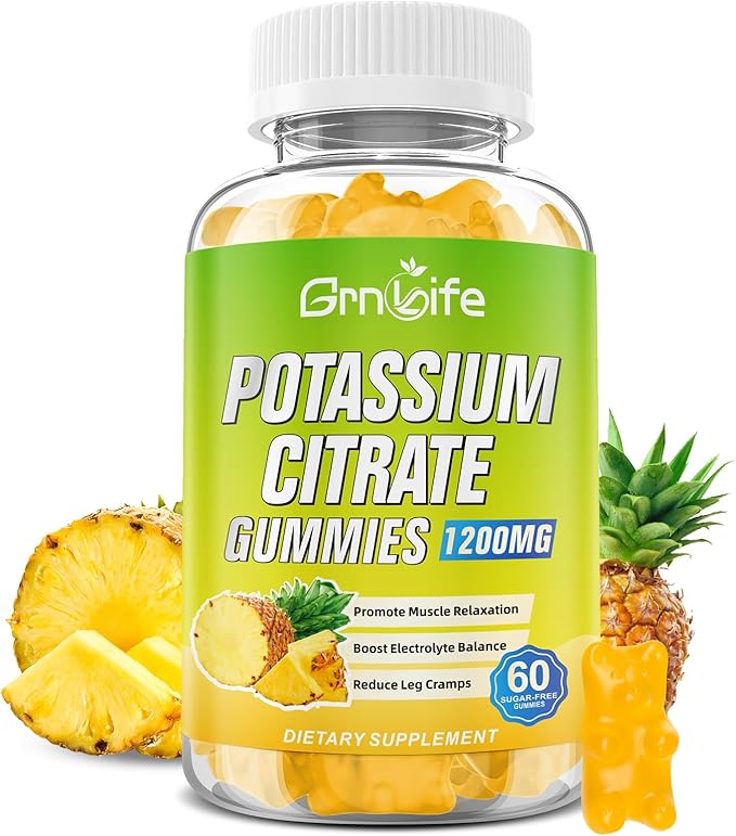Potassium Citrate Gummies, High Potassium Supplement Gummies 1200mg Support Leg Cramps & Muscle Health, Potassium Gummies for Adults & Kids, Vegan, Pineapple Flavor 60 Count