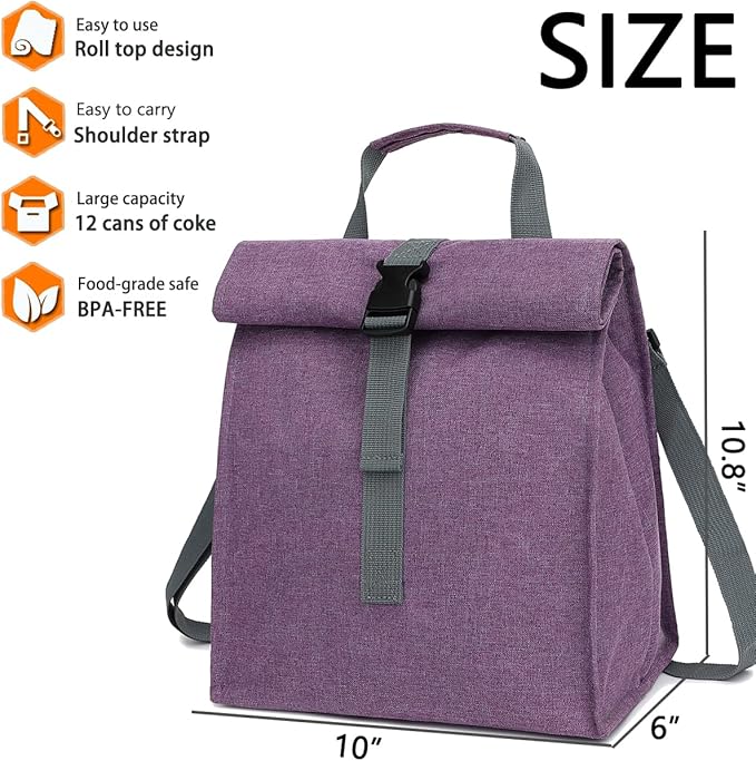 Unisex Insulated Lunch Bag, Purple, 8.8" x 6" x 9"