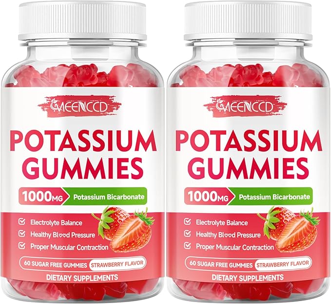 2 Pack Potassium Gummies 1000mg, Potassium Bicarbonate Supplement for Adults & Kids, Potassium Supplement for Electrolyte Balance & Muscle Heath, Sugar-Free, Strawberry Flavor, 120 Count