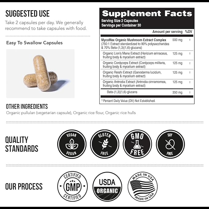 MycoMax Mushroom Complex - 70% Beta Glucans, Max Potency Mushroom Supplement, US Grown + Ultrasonic Extraction - Lions Mane, Cordyceps, Reishi & More - Cognition, Immunity, Energy - 60 capsules